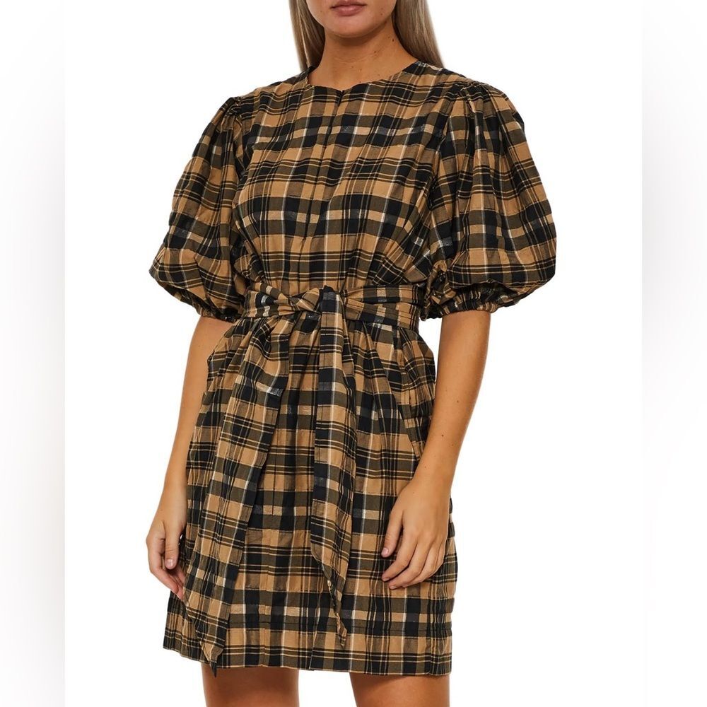 GANNI Plaid Puff Sleeve Mini Dress Size 38 Brown Check Belted Cotton Blend